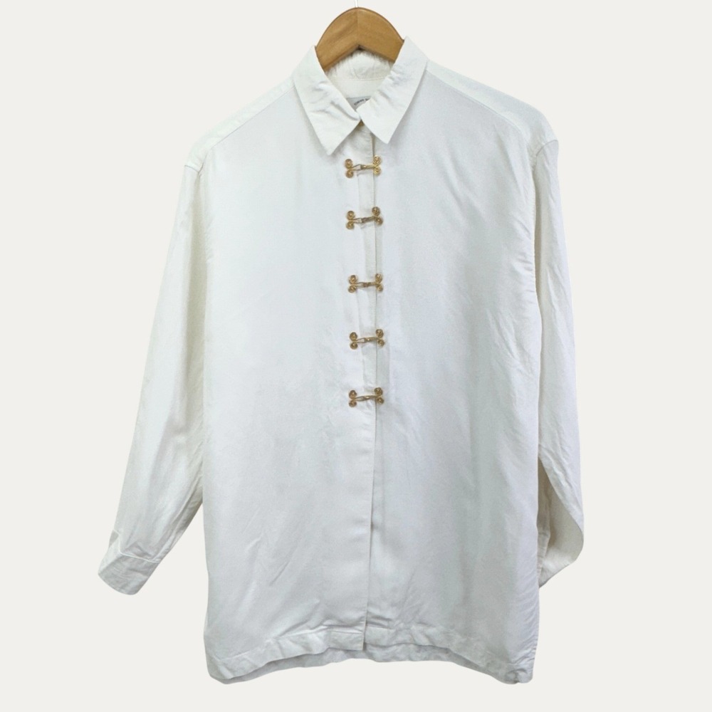 Todd Oldham Times Seven Blouse S White Rayon Frog Closure Minimalist 90s Vintage